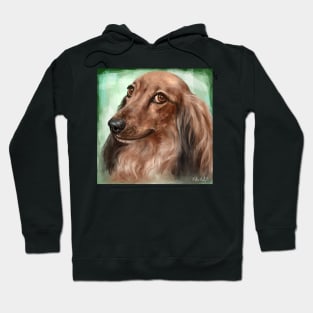Painting of a Fluffy Dachshund with Brown Coat, on Green Background Hoodie
